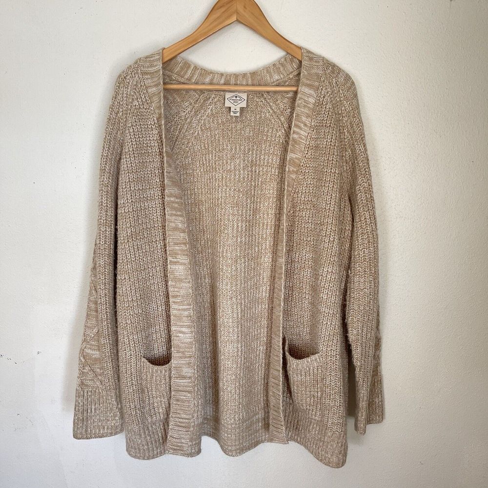 St Johns Bay Womens Light Brown Knit Open Cardigan Size Medium Pockets Marled